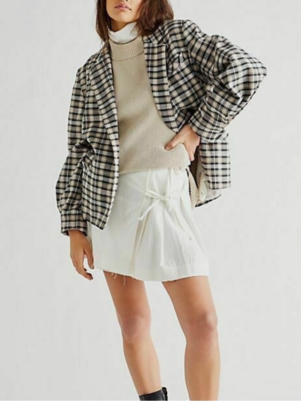 We the Free People Sz M Luminary Neutral Check Plaid Oversized Lined Jacket Fall